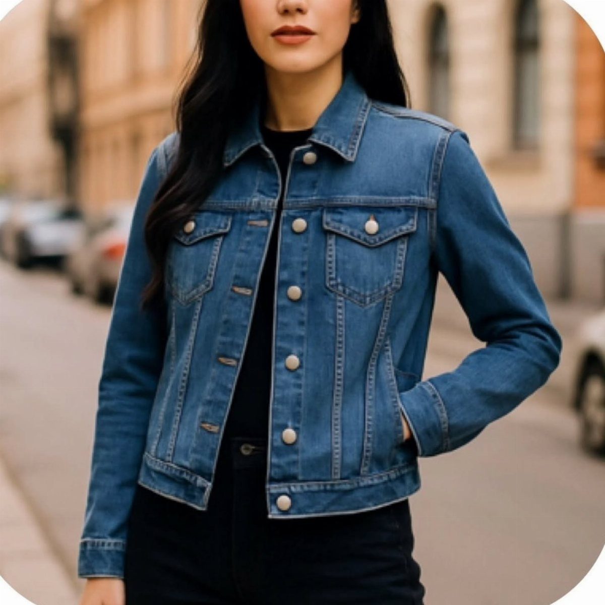 A woman wearing a blue denim jacket and black clothing standing on a city street.