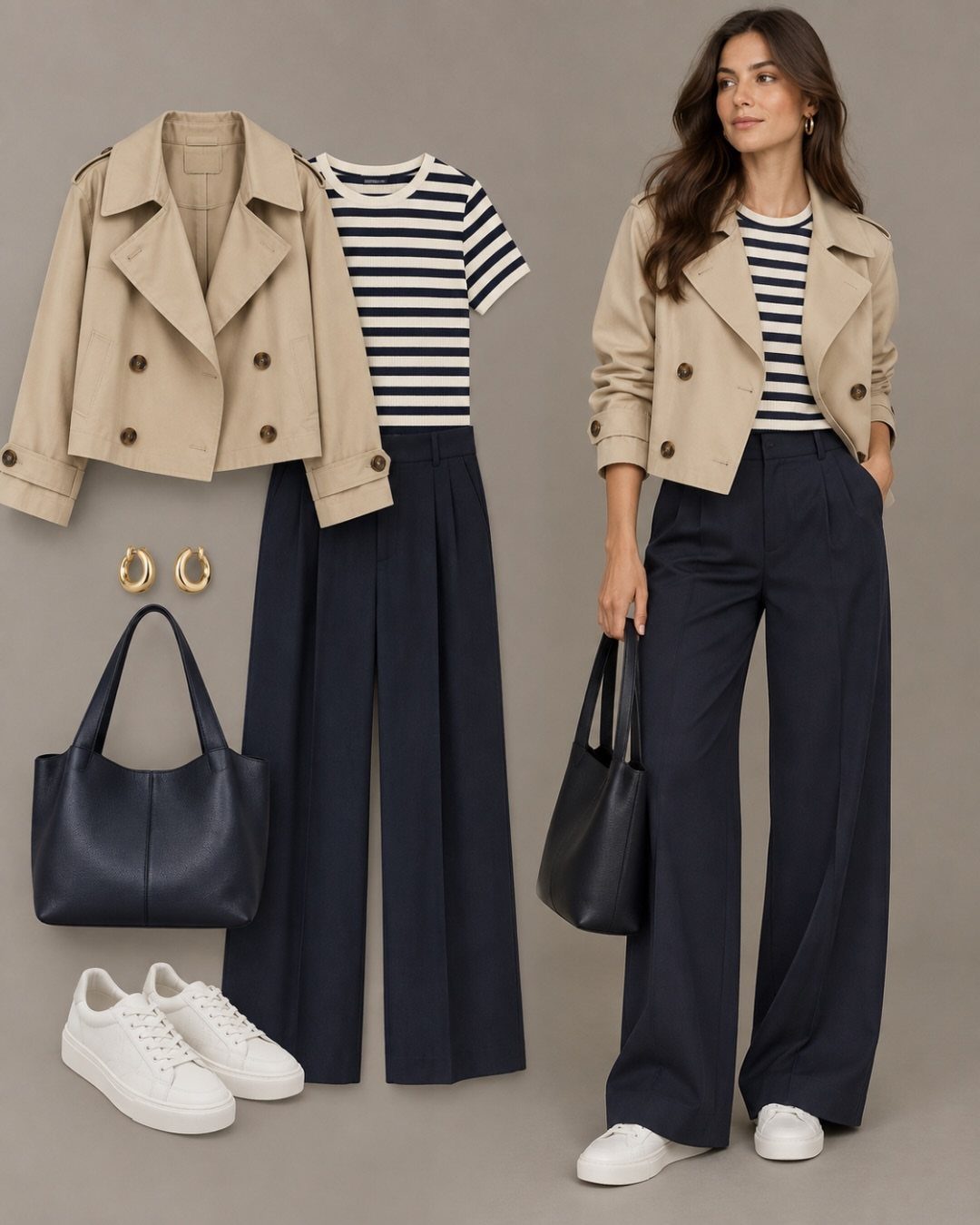 A woman wearing a beige jacket, striped shirt, and navy trousers standing next to a flat lay of the same outfit.