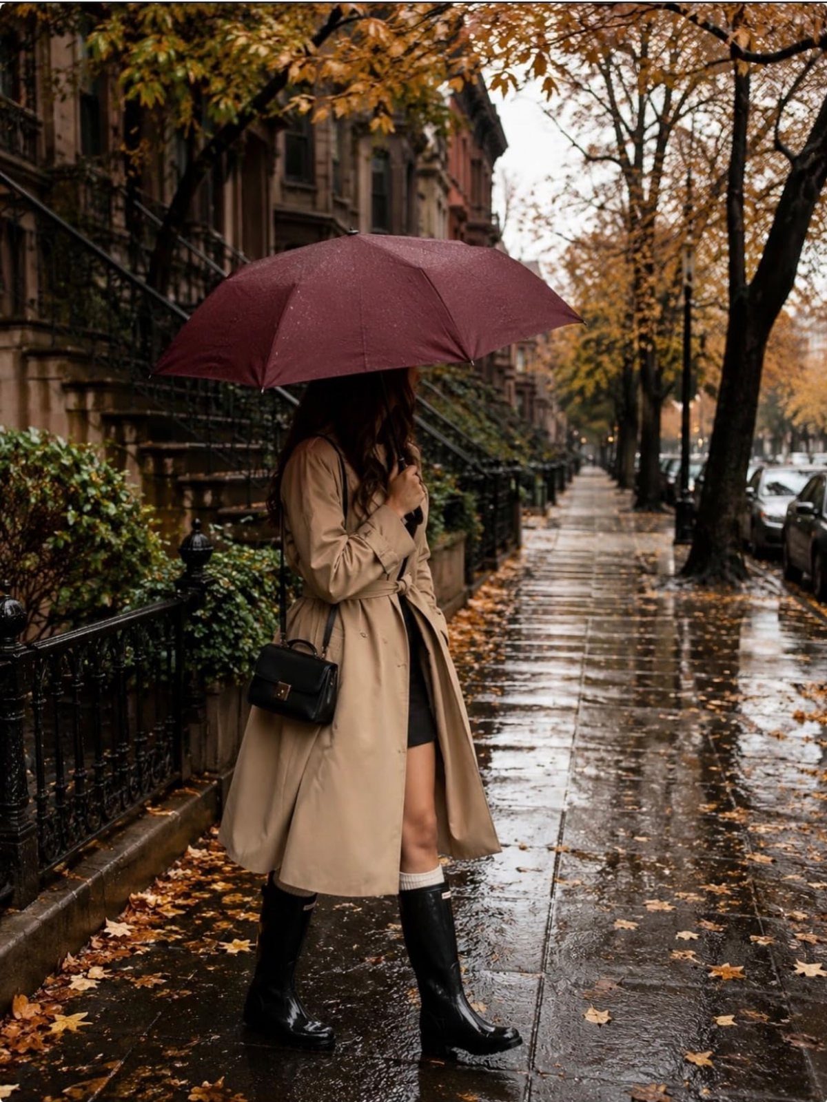 A woman in a tan trench coat walks along a rainy city sidewalk under a burgundy umbrella.