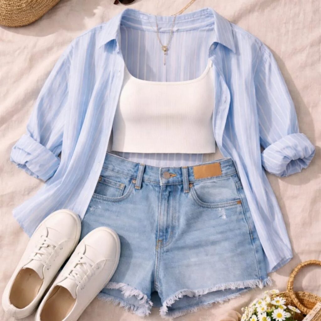 Denim shorts, white tank top, striped shirt, and white sneakers arranged in a flat lay outfit.