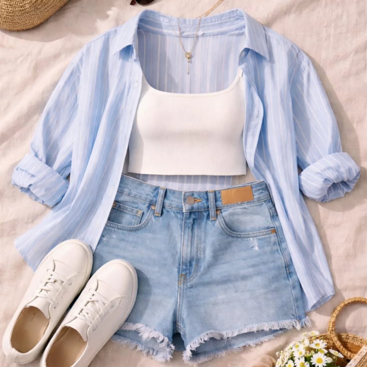 Denim shorts, white tank top, striped shirt, and white sneakers arranged in a flat lay outfit.