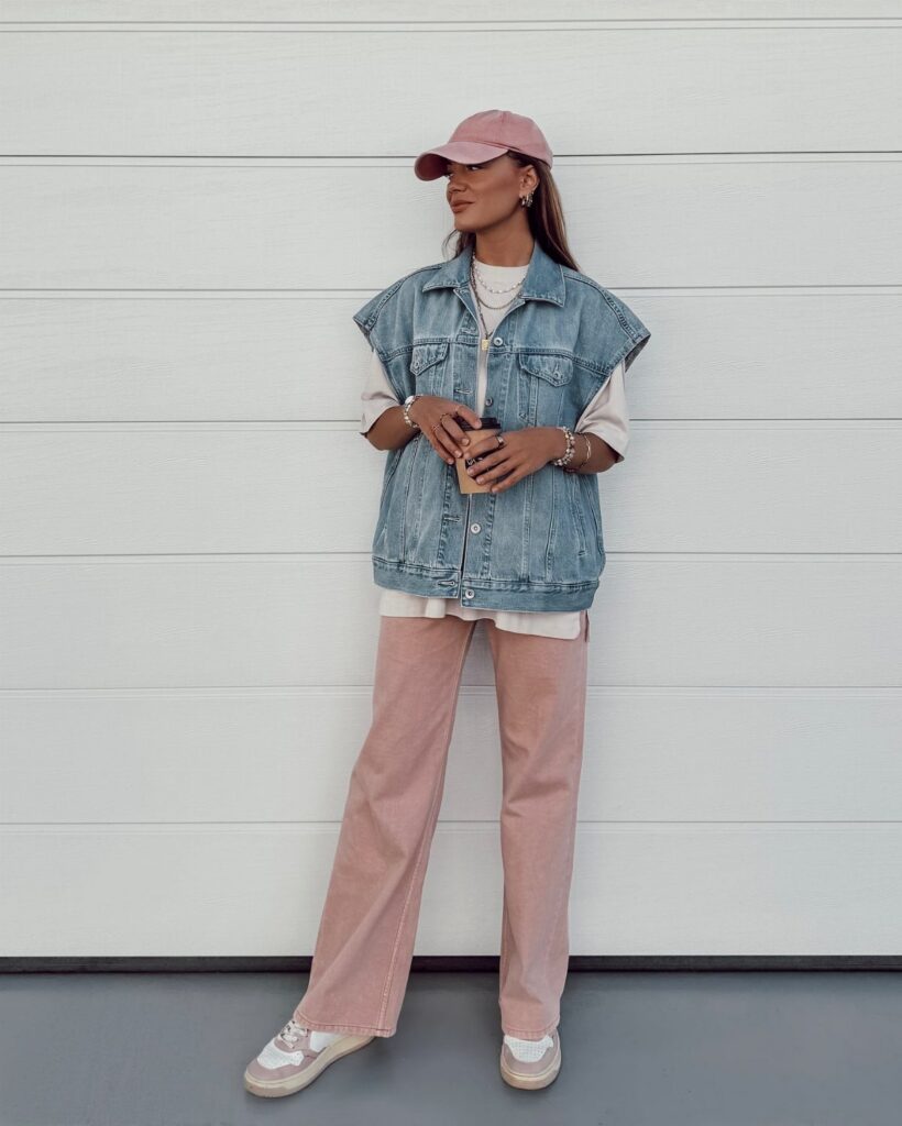 Woman wearing a denim vest over a white t-shirt and pink trousers against a white wall.