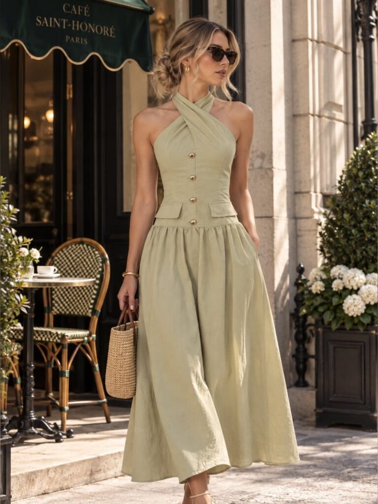 Woman in a light green halter midi dress with a defined waist standing near a cafe.