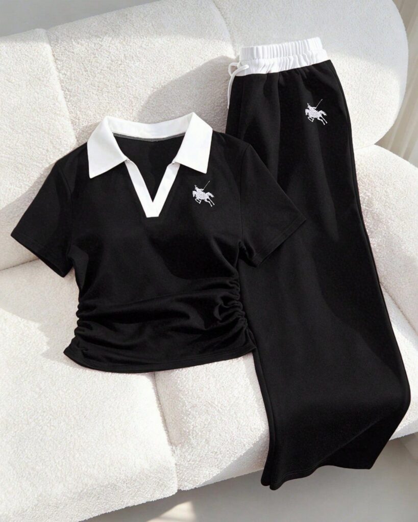 Black polo shirt and matching drawstring pants with white collar and emblem on a white sofa.