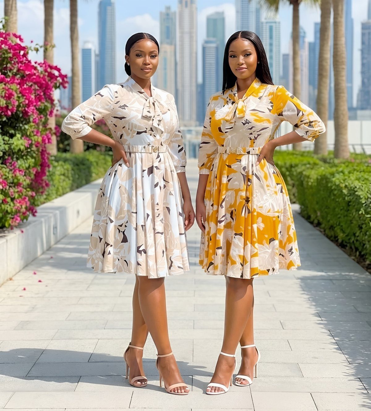 Two women posing in patterned floral dresses on a sunny city walkway with skyscrapers.