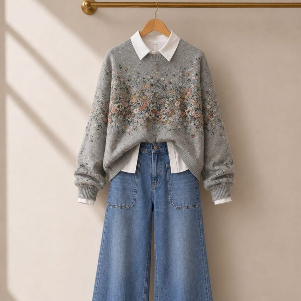A grey floral sweater and blue wide-leg jeans hanging on a gold clothing rack.
