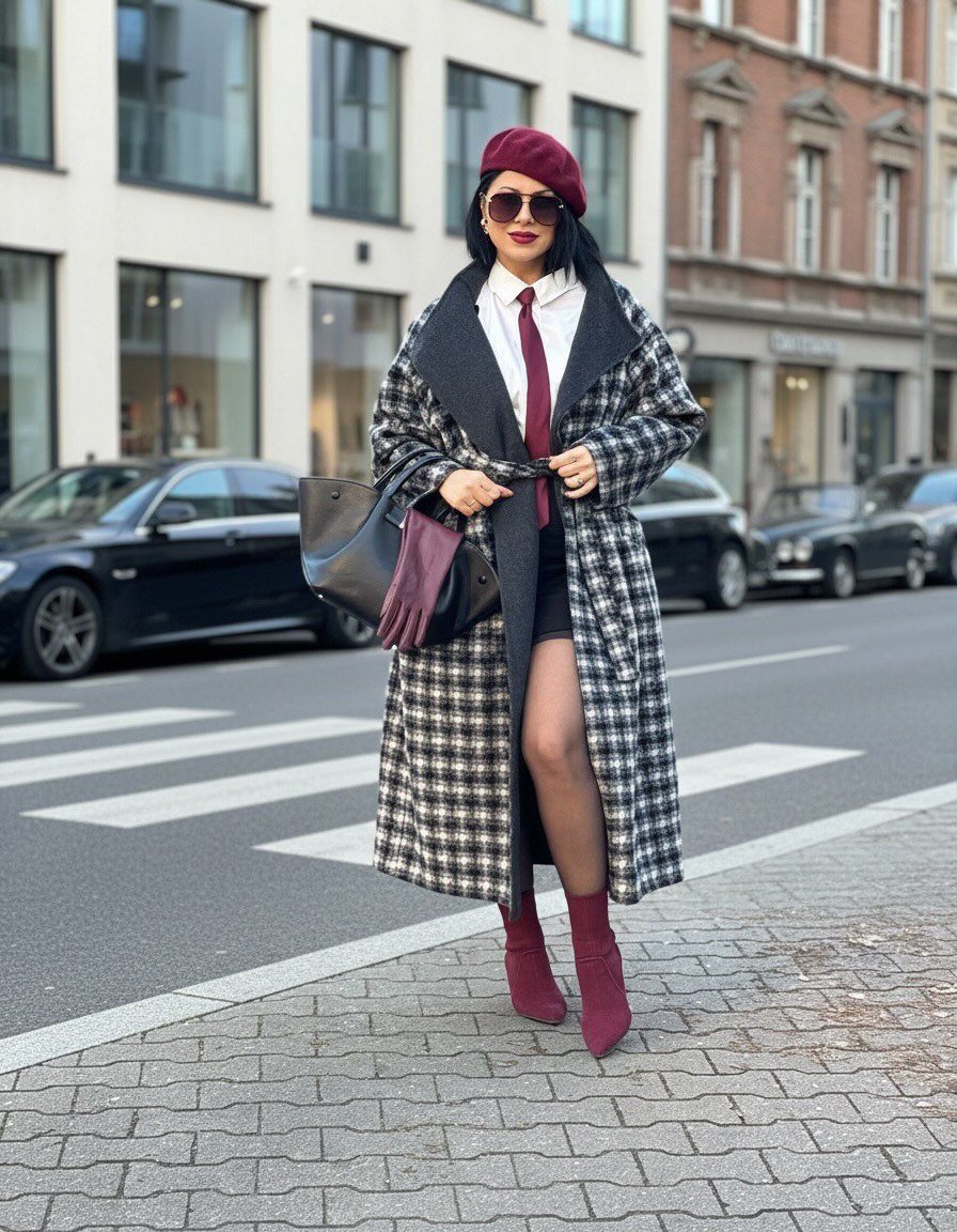 A woman wearing a long checked coat, burgundy beret, and matching boots standing on a city street.