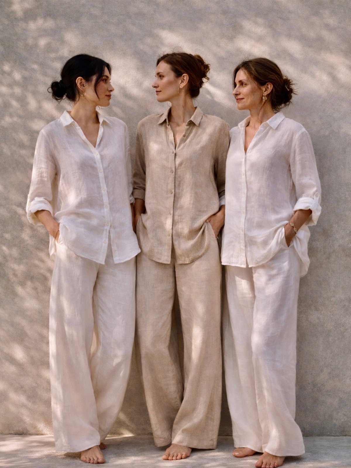 Three women posing in matching linen button-down shirts and wide-leg trousers against a neutral wall.